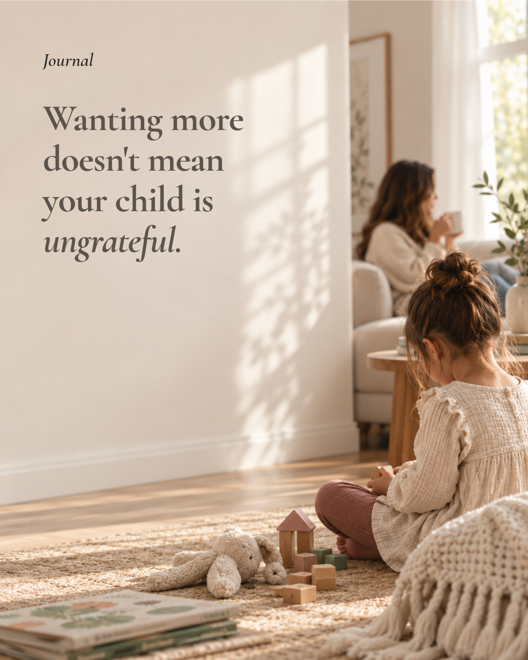 A young girl playing with wooden blocks on a sunlit rug while her mother sits with a cup of tea nearby