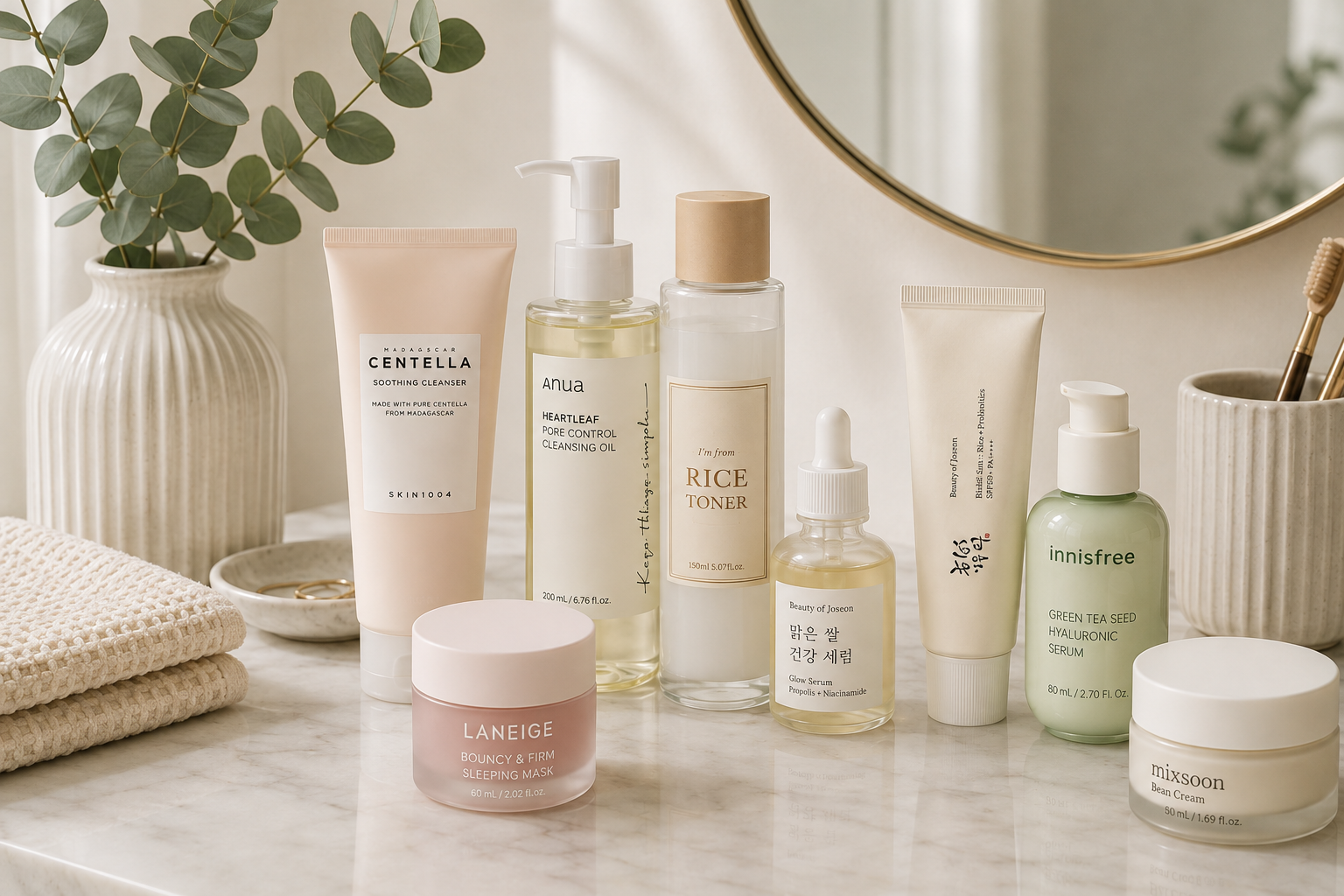 Skincare products arranged on a softly lit vanity