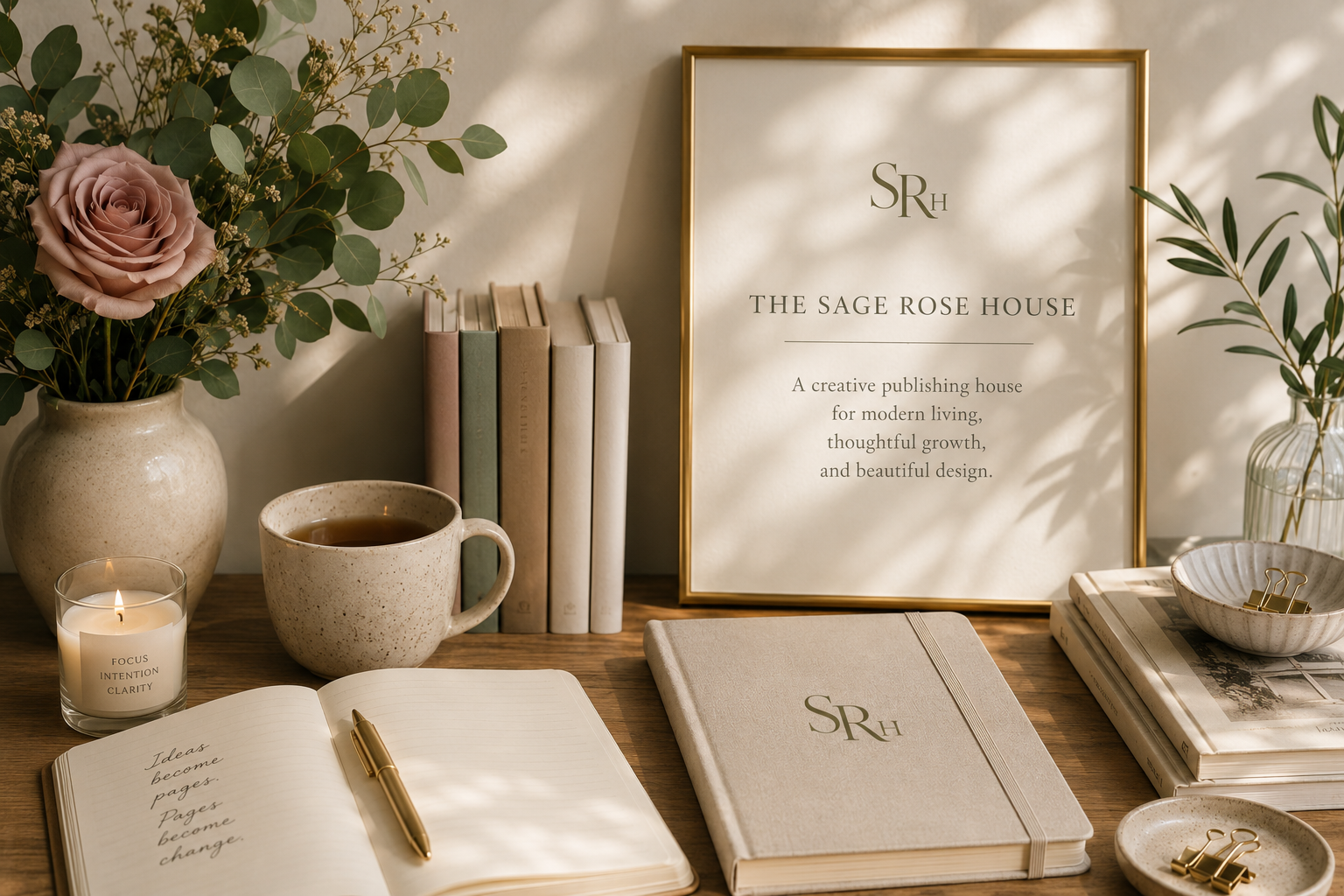 A sunlit desk with books, a journal, tea, and a framed Sage Rose House print