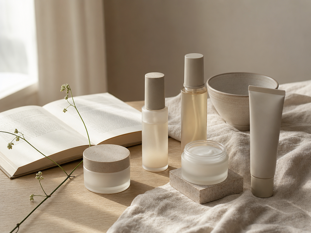 Premium Korean skincare products arranged with an open book in soft natural light
