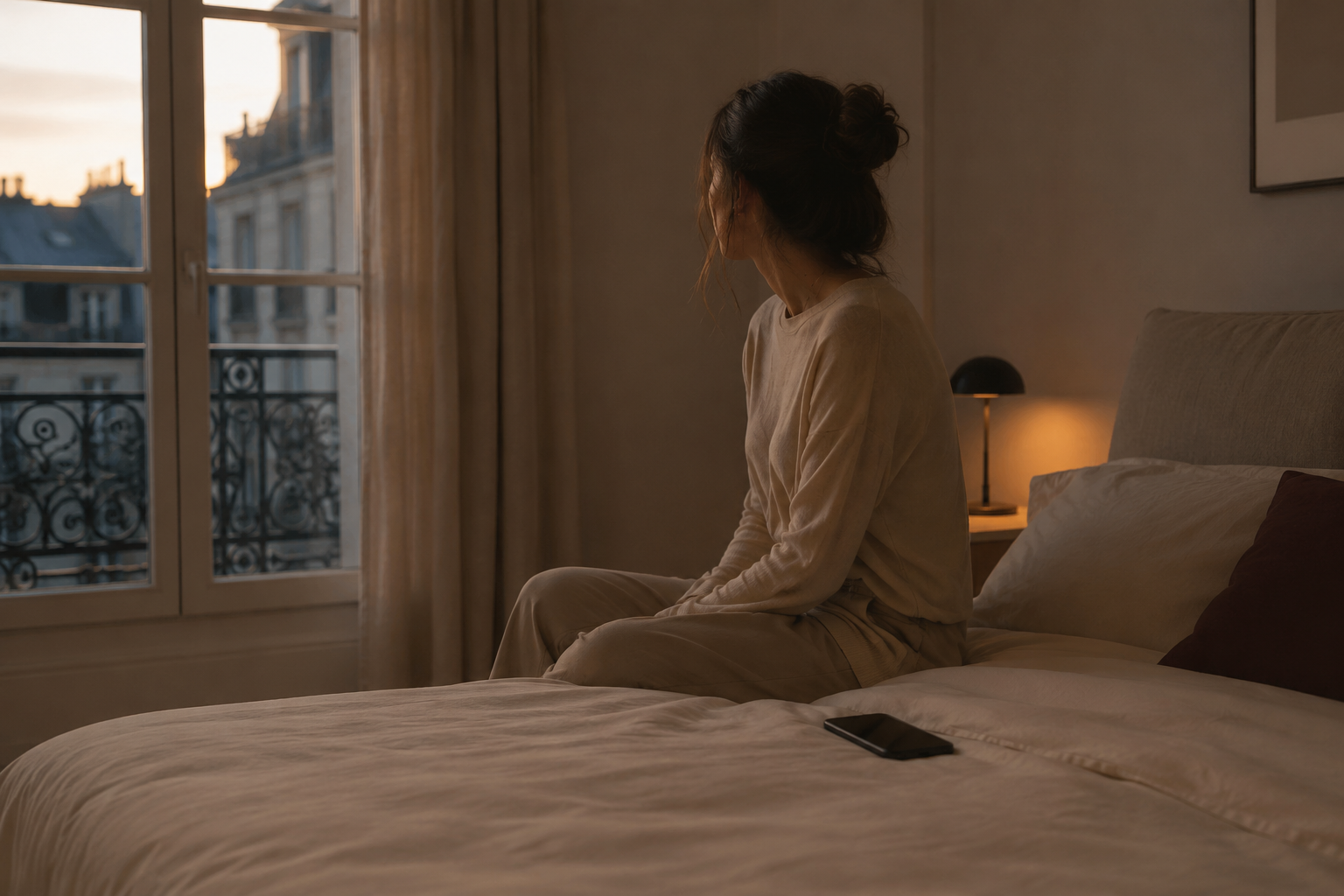 A woman sitting on the edge of her bed at dusk, her phone resting on the covers beside her