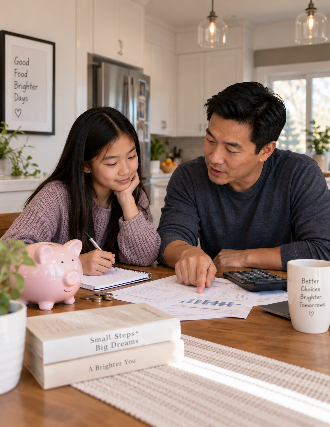A parent and child sitting together at the kitchen table, talking over a notebook in warm natural light