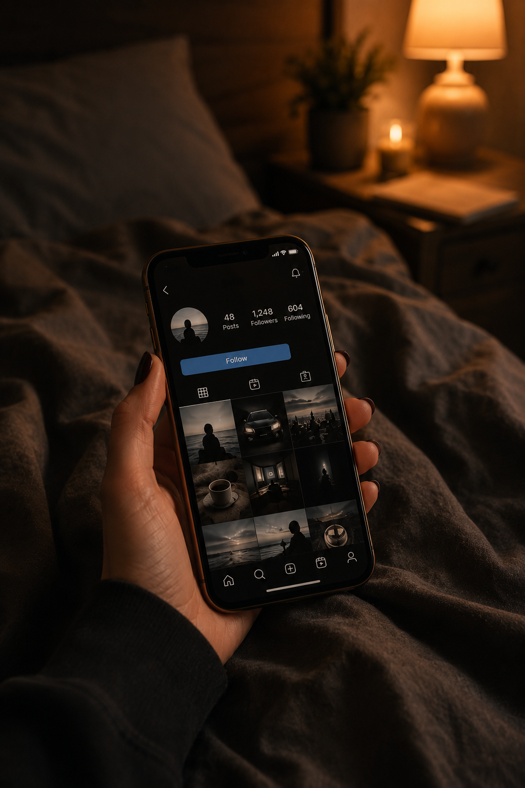 A hand holding a phone in a dimly lit bedroom at night