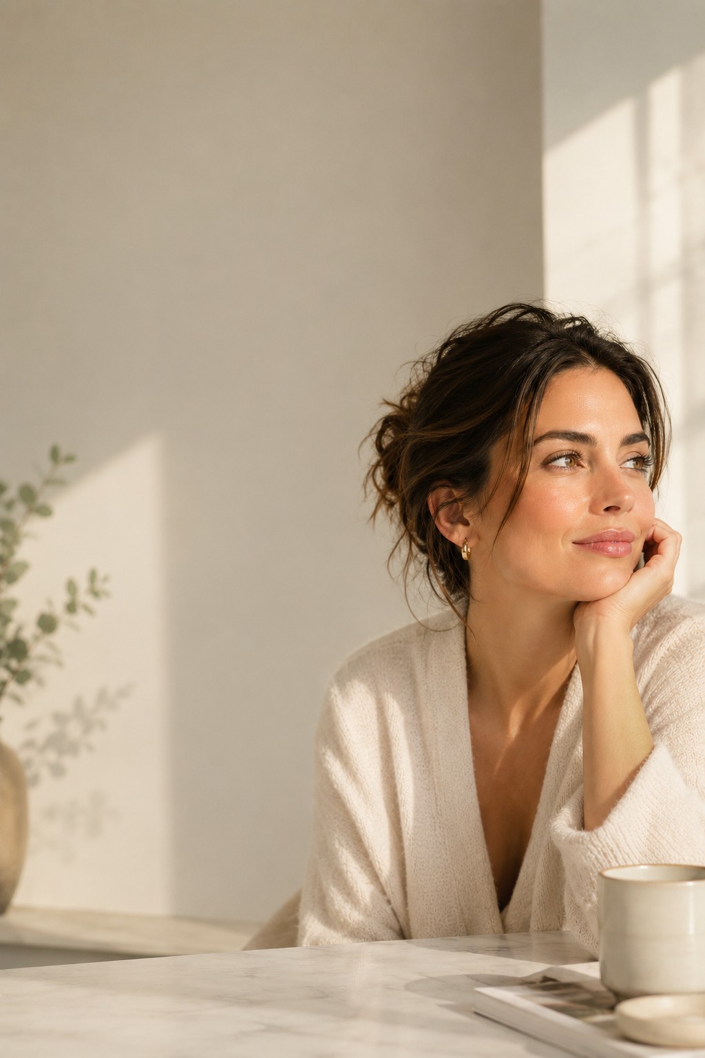 A woman in warm natural window light, looking into a vanity mirror